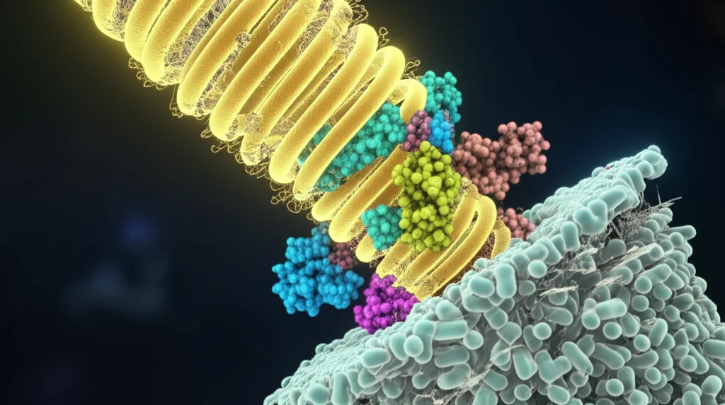 Illustrazione 3D fotorealistica e dinamica del motore ATPase CpaF esamerico (multicolore brillante) che ruota in senso orario mentre interagisce con le proteine della piattaforma (grigio traslucido) alla base di un pilo batterico elicoidale (giallo neon) in crescita. Effetto movimento rotatorio leggero, illuminazione drammatica da laboratorio, sfondo scuro astratto, lente prime 35mm, stile high-tech.