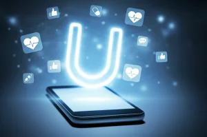 Immagine concettuale che mostra una curva a forma di U luminosa sovrapposta a un feed di social media su uno schermo di smartphone. Sullo sfondo, icone mediche (cuore, goccia di sangue) e icone social (like, commento) fluttuano. Stile fotorealistico, obiettivo 50mm, profondità di campo, colori blu e grigio duotone.