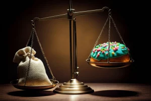Immagine concettuale del doppio carico della malnutrizione: una bilancia antica in ottone, su un piatto un piccolo sacco di iuta simboleggiante la denutrizione, sull'altro piatto un dolce glassato e colorato simboleggiante l'obesità. Obiettivo prime 50mm, profondità di campo media per mantenere a fuoco entrambi gli oggetti, illuminazione drammatica dall'alto che crea forti contrasti.
