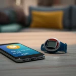 Immagine concettuale di tecnologia e salute per anziani: uno smartphone con un messaggio motivazionale sullo schermo ('Fai un passo in più oggi!') accanto a un contapassi digitale su un tavolo luminoso. Sfondo leggermente sfocato che suggerisce un ambiente domestico confortevole. Luce calda e accogliente. Obiettivo prime 35mm, profondità di campo ridotta per mettere a fuoco i dispositivi, stile fotografico pulito e moderno.