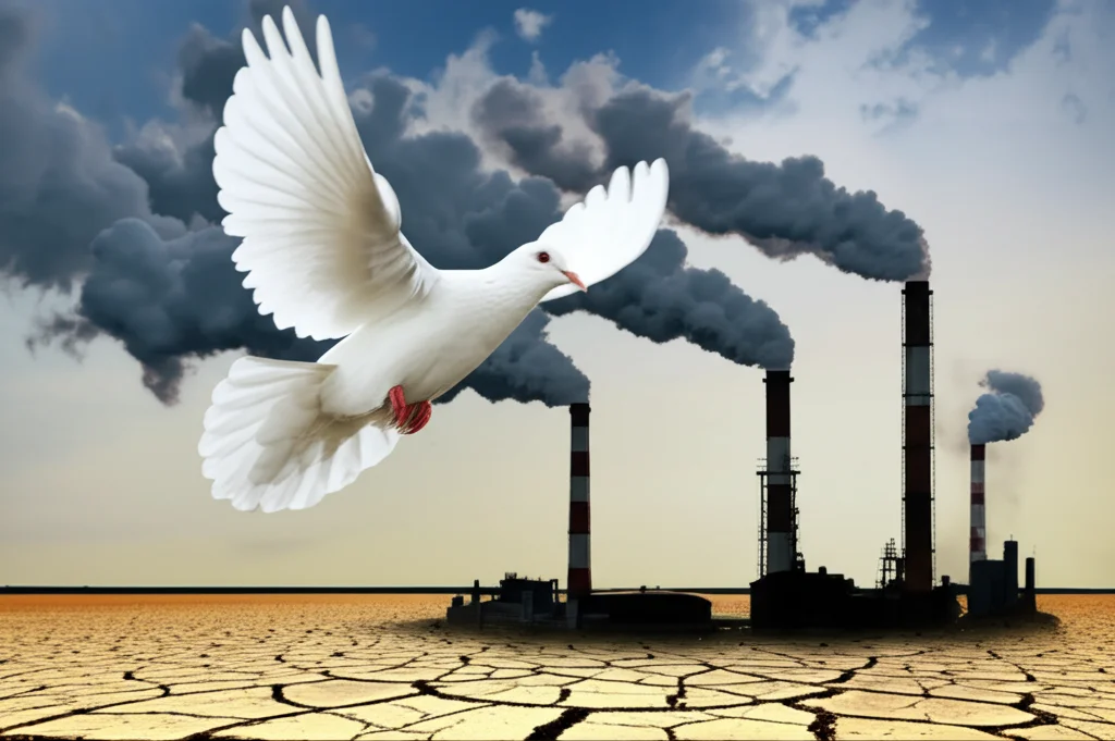 Immagine concettuale fotorealistica che illustra il paradosso pace-sostenibilità: una colomba bianca simbolo di pace vola serenamente sopra ciminiere industriali che emettono fumo denso, mentre sullo sfondo si intravede un paesaggio arido e segnato da crepe, evocativo di vulnerabilità e conflitto. Obiettivo 35mm, profondità di campo che sfoca leggermente lo sfondo, colori vividi ma contrastanti tra la purezza della colomba e l'inquinamento industriale.