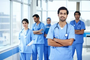 Immagine fotorealistica di un team di infermieri pakistani (uomini e donne, diverse età) che lavora insieme in modo creativo e collaborativo all'interno di un moderno reparto ospedaliero. Luce naturale entra da una finestra, illuminando i loro volti concentrati ma positivi. Obiettivo 35mm, profondità di campo media che mette a fuoco il team ma lascia intravedere l'ambiente ospedaliero pulito e ordinato. Atmosfera di coinvolgimento, innovazione e benessere sul lavoro.