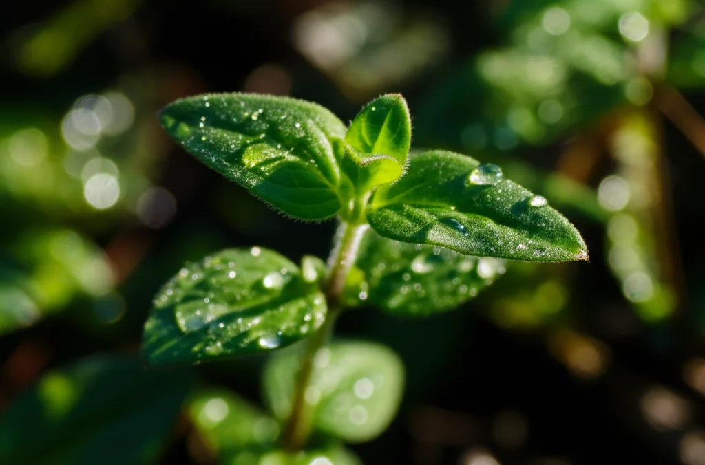 Immagine macro fotorealistica della pianta Scutellaria barbata (Banzhilian) con gocce di rugiada sulle foglie, illuminazione laterale controllata per evidenziare la texture, obiettivo macro 90mm, alta definizione, sfondo naturale sfocato.