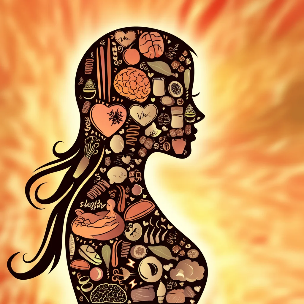 Immagine simbolica della salute femminile e fertilità: una silhouette stilizzata di una donna con elementi grafici che rappresentano cuore, cervello (salute mentale), sonno, cibo sano. Colori caldi e positivi. Fotografia concettuale, obiettivo 50mm, illuminazione da studio.