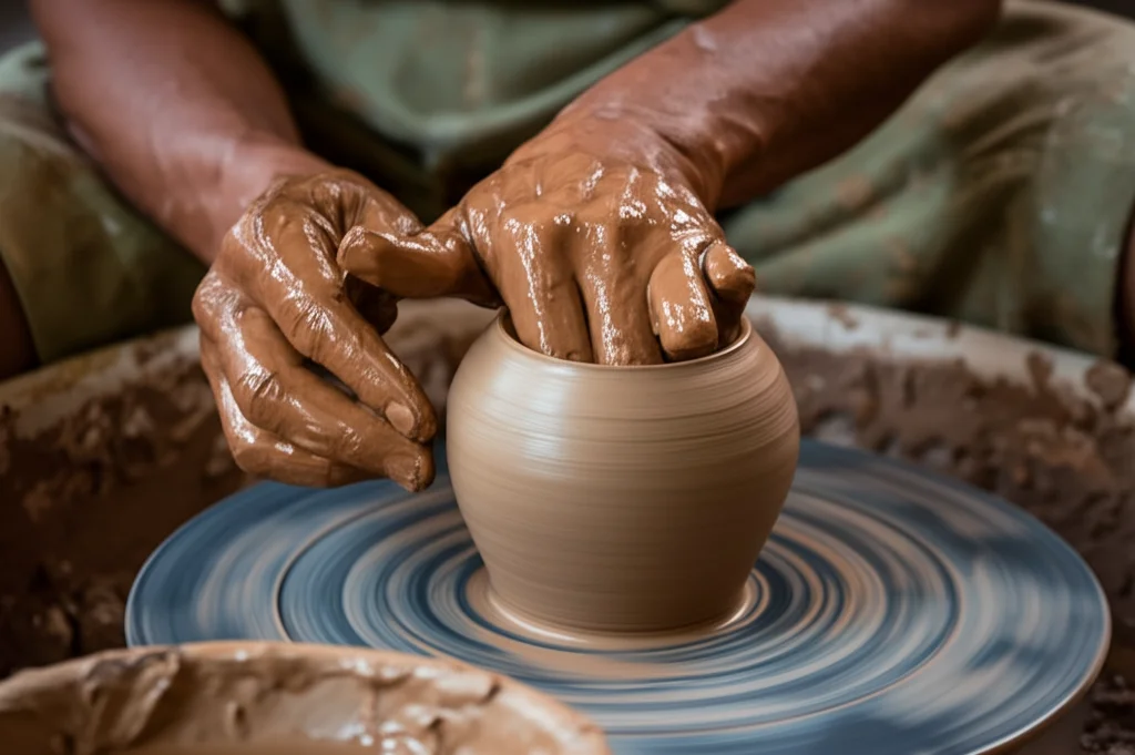 Primo piano delle mani esperte di un vasaio che modellano l'argilla umida su un tornio in un villaggio turistico di Magelang. Obiettivo macro 100mm, alta definizione dei dettagli dell'argilla e delle mani, illuminazione calda e controllata che evidenzia la texture e la forma.