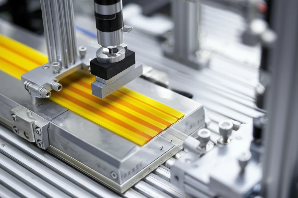 Primo piano di diverse strisce di gomma (PDMS, EP, PI) sottoposte a test di allungamento in un apparato scientifico, evidenziando l'effetto elastocalorico con una sottile visualizzazione termica, macro lens, 85mm, high detail, controlled lighting.