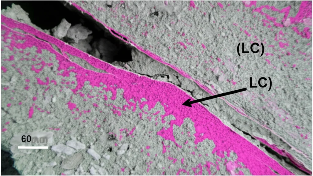 Primo piano di una sezione di trave in calcestruzzo armato a strati funzionali dopo il test di carbonatazione. Evidente la crepa che attraversa lo strato esterno più scuro (MC) e penetra nello strato interno più chiaro (LC). La fenolftaleina colora di rosa il calcestruzzo non carbonatato, evidenziando la maggiore penetrazione della CO2 (zona chiara) lungo la crepa e nello strato interno. Armatura in acciaio visibile. Obiettivo macro 60mm, alta definizione, illuminazione laterale per enfatizzare texture e contrasto cromatico.