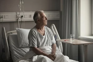 Ritratto di un paziente molto anziano (oltre 85 anni) seduto su un letto d'ospedale, guarda fuori dalla finestra con espressione mista di preoccupazione e speranza. Accanto al letto, un tavolino con un bicchiere d'acqua e una scatola di pillole. Obiettivo prime 50mm, luce naturale dalla finestra, profondità di campo che sfoca leggermente lo sfondo del reparto, tonalità duotone seppia e grigio.
