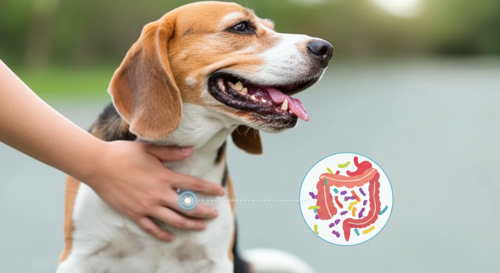 Un cane felice (es. Beagle) che si gode una carezza, con una sovrapposizione grafica stilizzata che mostra un collegamento tra il suo intestino sano (ricco di batteri benefici colorati) e la sua pelle sana e lucida. Fotografia ritratto, 35mm, profondità di campo.