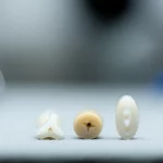 Immagine macro ad alta definizione di tre diversi connettori per protesi dentali (triangolare, quadrato, ovale) realizzati in Zirconia bianca, PEEK beige e FRC traslucido, illuminazione da studio dentistico, obiettivo macro 90mm, focus preciso sulle geometrie dei connettori, sfondo sfocato di laboratorio odontotecnico.