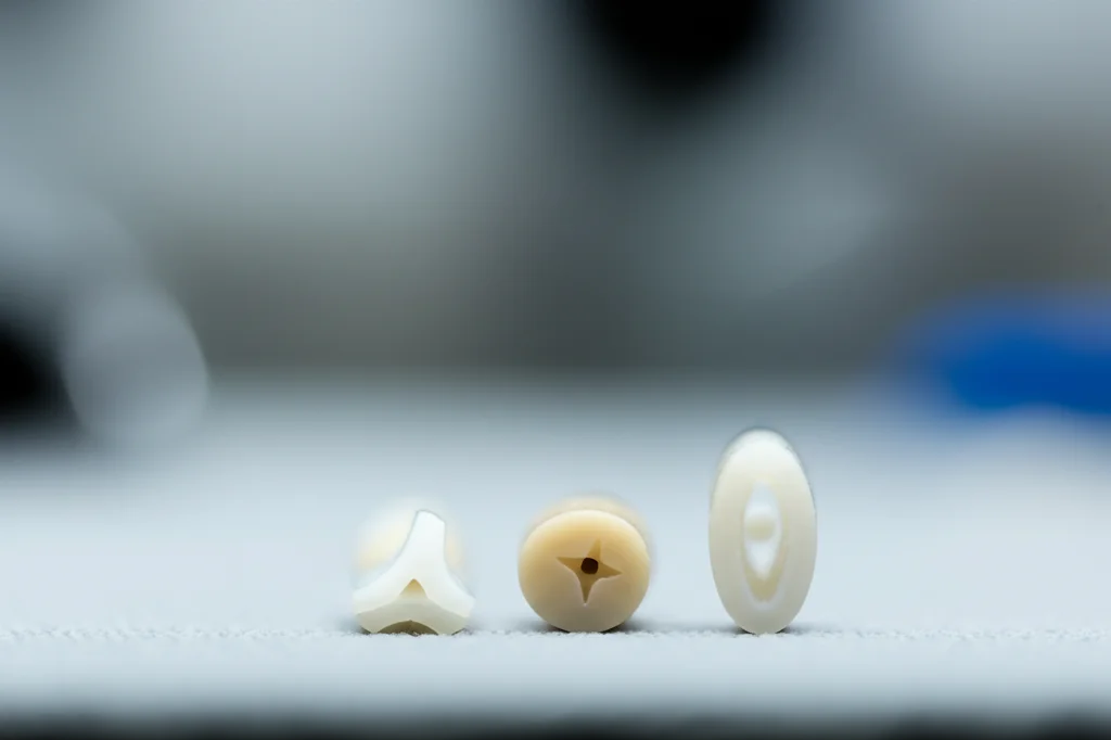 Immagine macro ad alta definizione di tre diversi connettori per protesi dentali (triangolare, quadrato, ovale) realizzati in Zirconia bianca, PEEK beige e FRC traslucido, illuminazione da studio dentistico, obiettivo macro 90mm, focus preciso sulle geometrie dei connettori, sfondo sfocato di laboratorio odontotecnico.