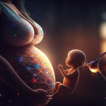 Immagine ravvicinata e artistica che mostra simbolicamente la connessione tra una madre e il suo bambino attraverso filamenti luminosi colorati (simili a neuroni o reti batteriche) che si intrecciano tra una silhouette stilizzata di una donna incinta e un neonato. Sfondo scuro e suggestivo, illuminazione drammatica interna ai filamenti, obiettivo macro 90mm, alta definizione, effetto bokeh sullo sfondo.