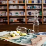 Macro Lens Shot, 85 mm, concentrandosi su alcune pillole ciprofloxacina e un'ampoula di gentamicina accanto alle note di valuta afghani su un bancone di farmacia in legno consumato a Kabul. Lucile controllate e leggermente drammatiche di evidenziazione delle trame, profondità di campo superficiale che sfoca gli scaffali della farmacia di fondo.