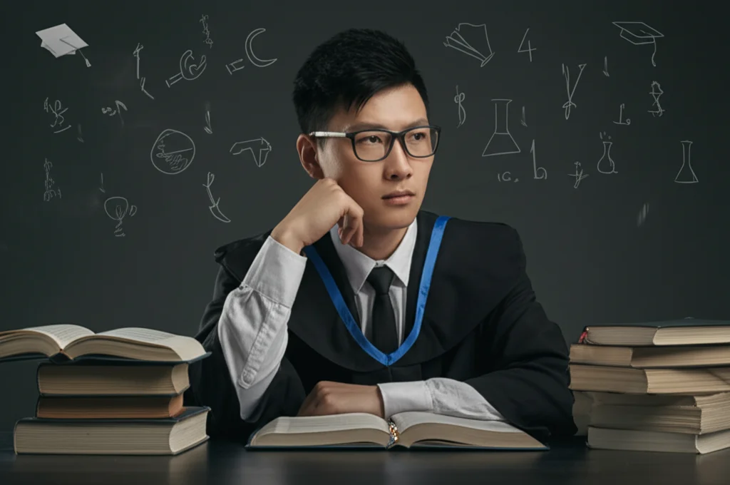 Primo piano di uno studente cinese pensieroso davanti a libri e simboli accademici, rappresentando la ricerca dell'identità nel dottorato in educazione. Fotografia ritratto, obiettivo 50mm, profondità di campo, toni leggermente desaturati.