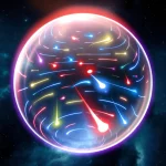 Visualizzazione artistica 3D fotorealistica di una sfera traslucida luminescente, rappresentante una buca di potenziale sferica. All'interno, particelle quantistiche stilizzate come scie luminose si muovono. Il colore della sfera sfuma verso il centro, indicando una profondità variabile. Macro lens, 60mm, high detail, precise focusing, controlled lighting, sfondo cosmico scuro.