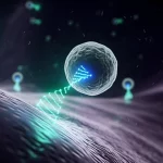 Concetto astratto e fotorealistico di microRNA (rappresentati come filamenti luminosi stilizzati di colore blu e verde) che emergono da vescicole extracellulari (sfere traslucide e luminose) fluttuanti in un ambiente scuro che simboleggia il flusso sanguigno. Obiettivo macro 100mm, alta definizione dei dettagli dei filamenti e delle sfere, illuminazione drammatica laterale che crea forti contrasti, profondità di campo ridotta.