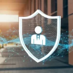 Concetto visivo fotorealistico del sistema BSIMS: uno scudo digitale trasparente con l'icona di un'identità stilizzata al centro, sovrapposto a una rete blockchain decentralizzata e luminosa, con sfondo sfocato di un campus universitario moderno. Obiettivo prime 50mm, profondità di campo, illuminazione controllata per enfatizzare lo scudo e la rete.