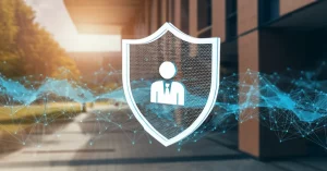 Concetto visivo fotorealistico del sistema BSIMS: uno scudo digitale trasparente con l'icona di un'identità stilizzata al centro, sovrapposto a una rete blockchain decentralizzata e luminosa, con sfondo sfocato di un campus universitario moderno. Obiettivo prime 50mm, profondità di campo, illuminazione controllata per enfatizzare lo scudo e la rete.