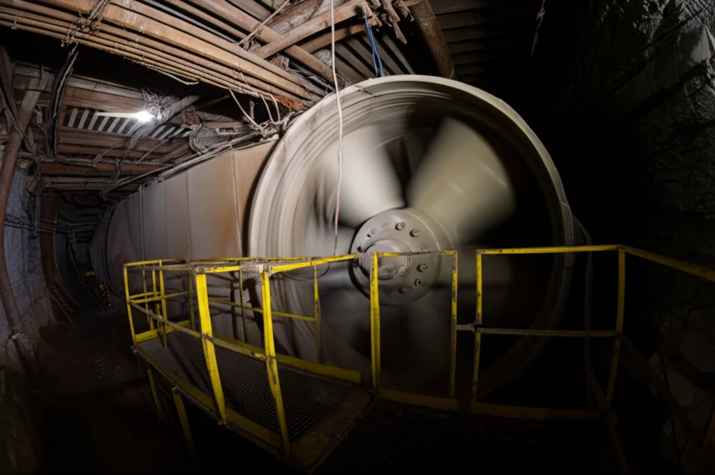 Fotografia wide-angle 15mm di un imponente ventilatore assiale industriale in funzione all'interno di una galleria mineraria scarsamente illuminata, polvere sospesa nell'aria illuminata da un fascio di luce, messa a fuoco nitida sul ventilatore, lunga esposizione per mostrare il movimento sfocato delle pale.