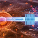 Illustrazione concettuale fotorealistica che mostra una cellula di cancro colorettale (a sinistra) che si trasforma in una cellula neuroendocrina (EEC, a destra) sotto stress terapeutico (simboleggiato da frecce). Una barriera luminosa blu (simbolo dell'inibitore LSD1 SP-2577) blocca parzialmente questa trasformazione. Stile cinematografico, profondità di campo, obiettivo 35mm, toni blu e arancioni duotone, alta risoluzione.