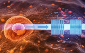 Illustrazione concettuale fotorealistica che mostra una cellula di cancro colorettale (a sinistra) che si trasforma in una cellula neuroendocrina (EEC, a destra) sotto stress terapeutico (simboleggiato da frecce). Una barriera luminosa blu (simbolo dell'inibitore LSD1 SP-2577) blocca parzialmente questa trasformazione. Stile cinematografico, profondità di campo, obiettivo 35mm, toni blu e arancioni duotone, alta risoluzione.