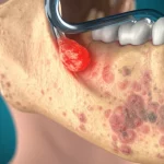 Illustrazione medica fotorealistica che mostra una sezione trasversale della mandibola con una borsa sinoviale infiammata (borsite) situata nel tessuto sottocutaneo, adiacente a pelle con segni di dermatite atopica (rossore, secchezza). Lente macro 60mm, alta definizione, illuminazione da studio controllata.