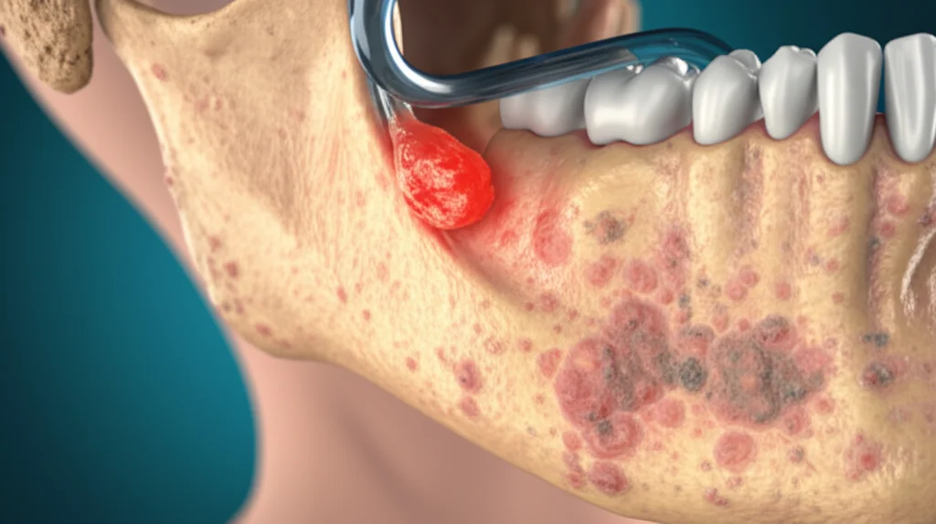 Illustrazione medica fotorealistica che mostra una sezione trasversale della mandibola con una borsa sinoviale infiammata (borsite) situata nel tessuto sottocutaneo, adiacente a pelle con segni di dermatite atopica (rossore, secchezza). Lente macro 60mm, alta definizione, illuminazione da studio controllata.