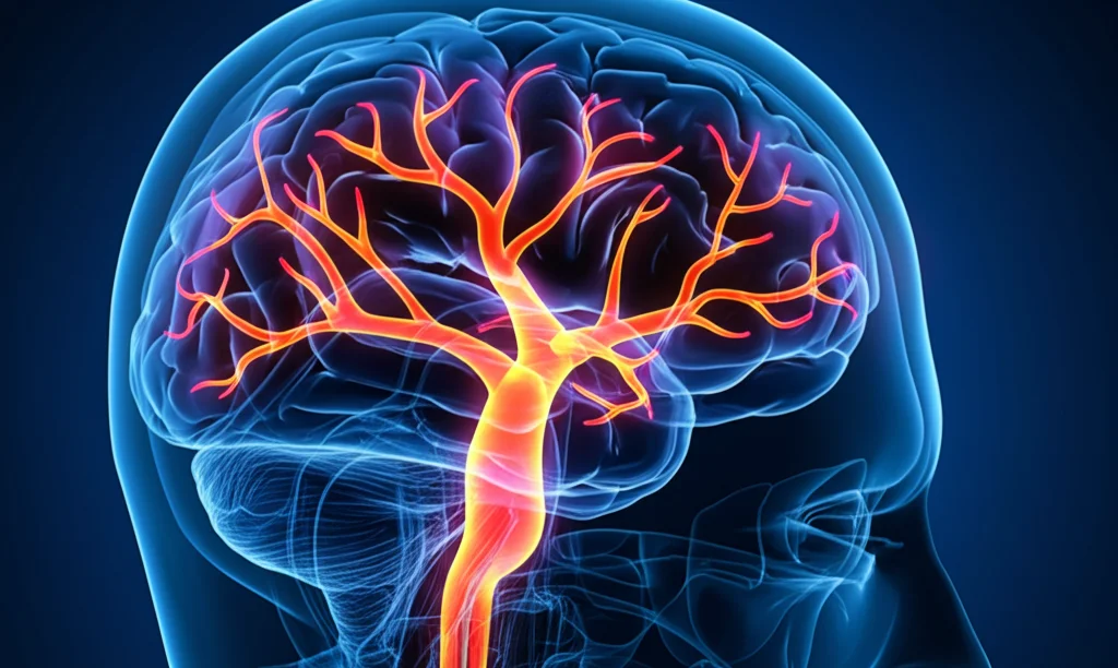 Immagine concettuale fotorealistica del cervello umano con una rete vascolare luminosa e rigenerata che emerge da un'area più scura rappresentante il danno ischemico, simboleggiando la riparazione promossa dalla melatonina. Profondità di campo, illuminazione suggestiva, obiettivo prime 35mm.