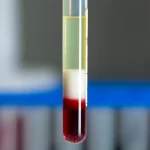 Immagine macrofotografica ad alto dettaglio di una provetta contenente strati separati di sangue dopo centrifugazione, con focus sullo strato bianco del buffy coat tra il plasma giallastro e i globuli rossi depositati sul fondo. Illuminazione controllata da laboratorio, lente macro 100mm, alta precisione di messa a fuoco.
