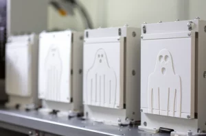 Primo piano fotorealistico di diversi fantasmi mammografici TORMAS affiancati in un laboratorio di controllo qualità, obiettivo 50mm, illuminazione precisa che ne evidenzia le leggere differenze strutturali, alta definizione.