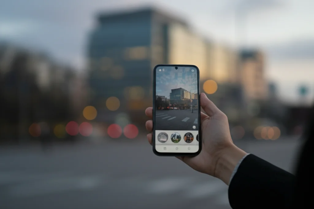 Una mano che tiene uno smartphone con un'app social aperta, mostrando il profilo di un influencer con prodotti consigliati, sfondo sfocato di una città moderna al tramonto, 35mm prime lens, colori caldi duo-tone (arancio e blu scuro), profondità di campo, simboleggia l'intersezione tra influencer marketing, tecnologia social e vita quotidiana.
