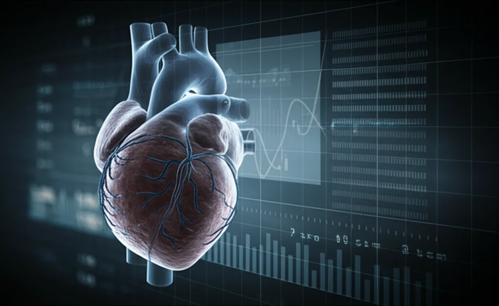 Visualizzazione astratta e fotorealistica di un cuore umano stilizzato con sovrapposti grafici di dati e un nomogramma predittivo. Illuminazione drammatica laterale che crea forti contrasti, focus selettivo sul nomogramma digitale fluttuante davanti al cuore, lente macro 100mm, alta definizione dei dettagli, colori blu freddo e grigio antracite duotone per un look scientifico moderno e tecnologico.
