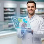 Fotografia realistica di un farmacista sorridente che utilizza un tablet con un'interfaccia grafica avanzata (simulazione di ABiMed con grafici a fiore e radiali), obiettivo prime 35mm, profondità di campo accentuata, illuminazione da studio morbida, sfondo sfocato di una farmacia moderna.