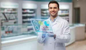 Fotografia realistica di un farmacista sorridente che utilizza un tablet con un'interfaccia grafica avanzata (simulazione di ABiMed con grafici a fiore e radiali), obiettivo prime 35mm, profondità di campo accentuata, illuminazione da studio morbida, sfondo sfocato di una farmacia moderna.