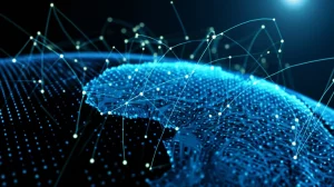 Immagine concettuale astratta che rappresenta dati complessi e interconnessi relativi all'Africa, con nodi luminosi e linee che formano una rete su uno sfondo scuro, obiettivo prime 50mm, profondità di campo, illuminazione drammatica, per simboleggiare la complessità dell'ecosistema imprenditoriale.