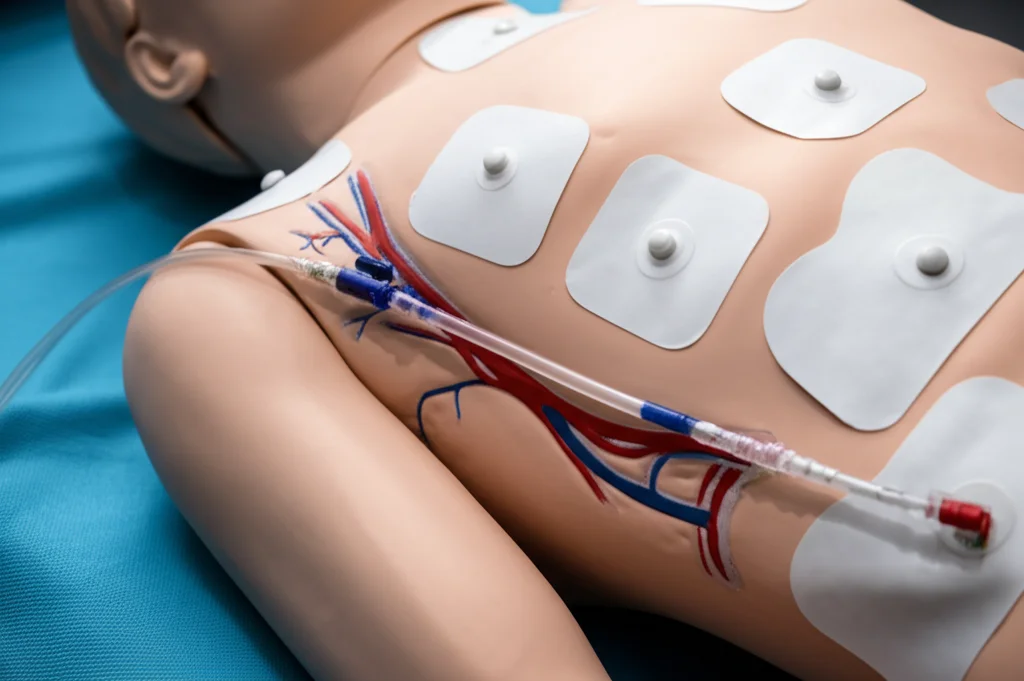 Primo piano diviso: a sinistra, un catetere per raffreddamento intravascolare inserito in un modello anatomico di vena; a destra, pad adesivi per raffreddamento superficiale applicati su un manichino medico. Illuminazione da studio drammatica, alta definizione, obiettivo 50mm.