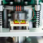 Primo piano fotorealistico di un dispositivo piezoelettrico a piastrina montato su una massa metallica facente parte di un sistema meccanico vibrante in un ambiente di laboratorio high-tech. Si vedono chiaramente le connessioni elettriche con fili sottili che partono dal piezo. Sullo sfondo, leggermente sfocato ma riconoscibile, si intravedono le due molle non lineari collegate in serie. Obiettivo macro 100mm, illuminazione controllata da laboratorio con riflessi metallici, alta definizione, messa a fuoco precisa sul dispositivo piezoelettrico e le sue connessioni.