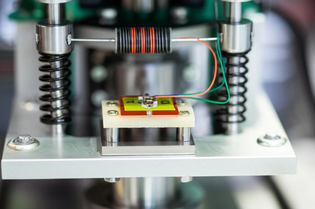 Primo piano fotorealistico di un dispositivo piezoelettrico a piastrina montato su una massa metallica facente parte di un sistema meccanico vibrante in un ambiente di laboratorio high-tech. Si vedono chiaramente le connessioni elettriche con fili sottili che partono dal piezo. Sullo sfondo, leggermente sfocato ma riconoscibile, si intravedono le due molle non lineari collegate in serie. Obiettivo macro 100mm, illuminazione controllata da laboratorio con riflessi metallici, alta definizione, messa a fuoco precisa sul dispositivo piezoelettrico e le sue connessioni.
