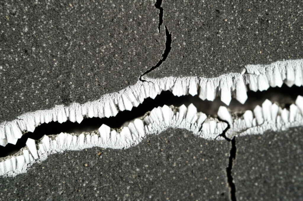 Primo piano macro di una crepa in una superficie di cemento grigio scuro, riempita da un precipitato bianco cristallino (carbonato di calcio). Si intravedono minuscole strutture cristalline. Macro lens, 85mm, high detail, precise focusing, controlled lighting laterale per evidenziare la texture.