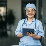 Una ostetrica cinese sorridente partecipa a un corso di formazione continua online dal suo tablet in un ambiente ospedaliero luminoso e moderno. Fotografia ritratto, obiettivo 35mm, profondità di campo, toni caldi e accoglienti.