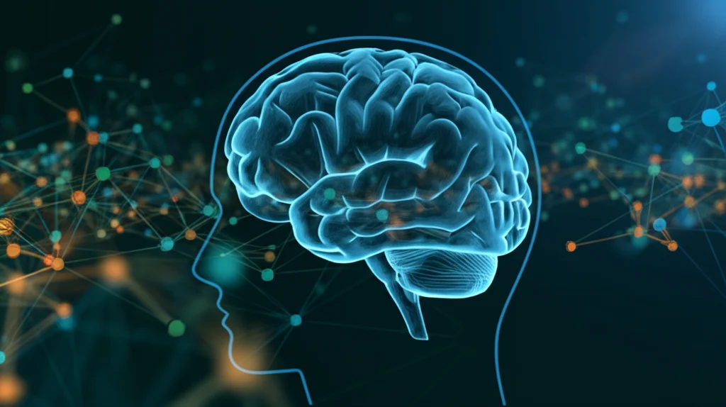 Visualizzazione 3D astratta e luminosa di cluster di dati colorati (blu, verde, arancione) che fluttuano e sono interconnessi da linee sottili, con la silhouette stilizzata di un cervello umano sovrapposta in trasparenza, obiettivo grandangolare 24mm, messa a fuoco nitida sui cluster centrali, sfondo scuro, simboleggia il confronto tra il clustering algoritmico e il ragionamento esperto umano.