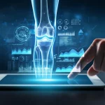 Concetto futuristico di gestione digitale della salute: una protesi di ginocchio olografica tridimensionale fluttuante sopra un tablet, circondata da grafici luminosi e linee di dati che si interconnettono. Illuminazione high-tech d'effetto, dettagli precisi sull'impianto e sui dati digitali, obiettivo 50mm prime, sfondo scuro astratto.