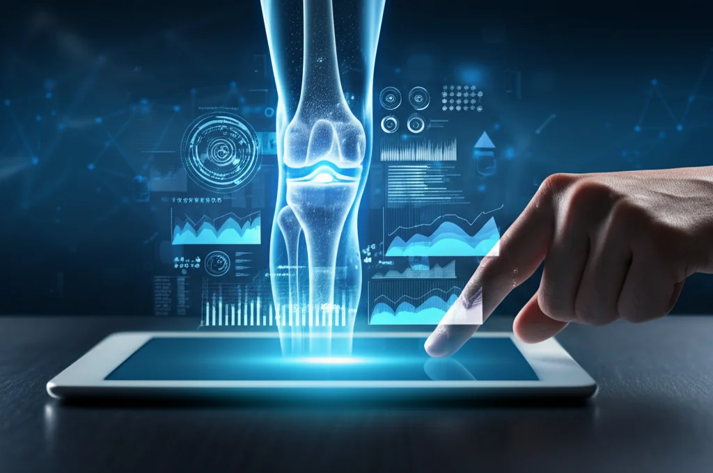 Concetto futuristico di gestione digitale della salute: una protesi di ginocchio olografica tridimensionale fluttuante sopra un tablet, circondata da grafici luminosi e linee di dati che si interconnettono. Illuminazione high-tech d'effetto, dettagli precisi sull'impianto e sui dati digitali, obiettivo 50mm prime, sfondo scuro astratto.