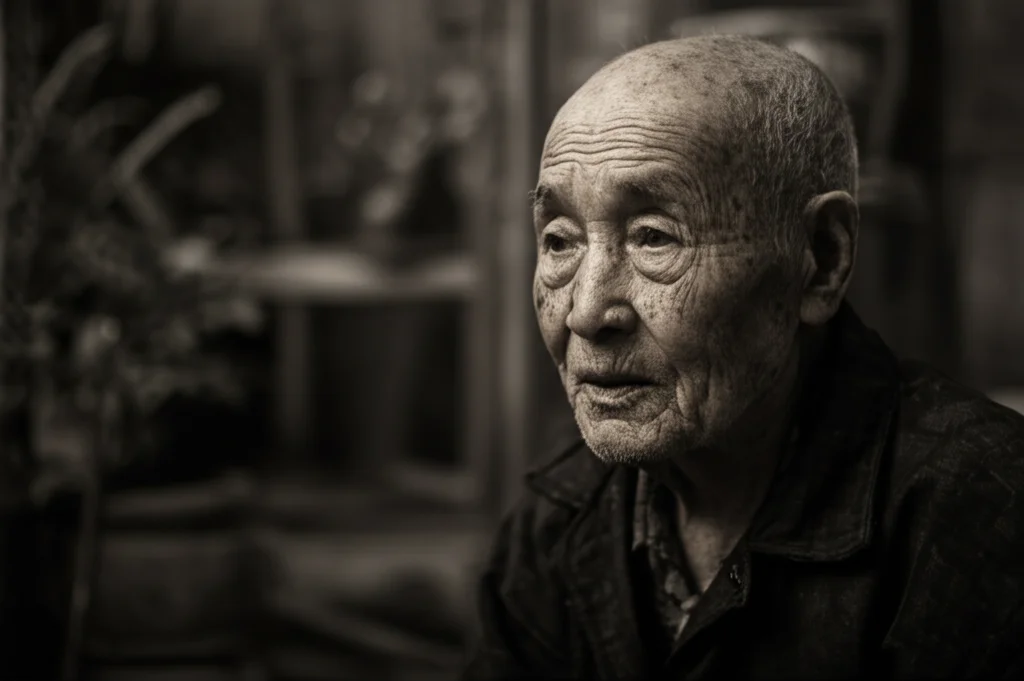 Fotografia ritratto, persona anziana cinese con sguardo profondo che riflette sul passato e sulle sfide della vita, ambientazione rurale evocativa della Cina, obiettivo prime 50mm, profondità di campo accentuata per mettere a fuoco le rughe e l'espressione, toni seppia e grigio duotone per un effetto storico ma vivido, luce laterale morbida.