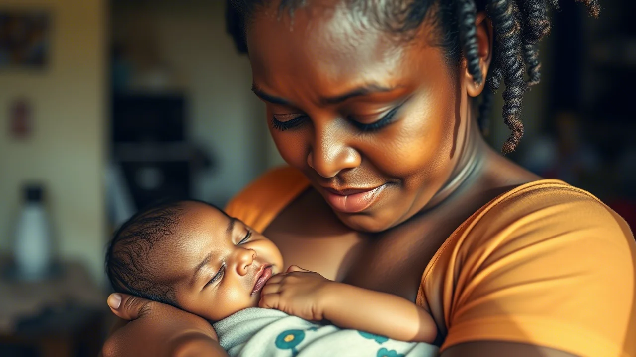 Fotografia stile ritratto, una madre delle Fiji tiene amorevolmente in braccio il suo neonato sano e addormentato, entrambi con pelle luminosa e sana. Luce calda e naturale che illumina i loro volti, sfondo leggermente sfocato che suggerisce un ambiente domestico sereno e sicuro. Lente prime 50mm, profondità di campo, colori naturali.