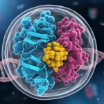 Illustrazione concettuale di un farmaco inibitore di AKT1 (molecola stilizzata dorata) che si lega alla proteina AKT1 (struttura 3D blu/viola) all'interno di una cellula di cancro ovarico resa trasparente. Sullo sfondo, filamenti di DNA e altre strutture cellulari sfocate. Lente prime 35mm, profondità di campo ridotta per focalizzare sull'interazione farmaco-proteina, illuminazione drammatica con contrasto tra luce e ombra.