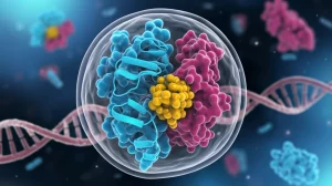 Illustrazione concettuale di un farmaco inibitore di AKT1 (molecola stilizzata dorata) che si lega alla proteina AKT1 (struttura 3D blu/viola) all'interno di una cellula di cancro ovarico resa trasparente. Sullo sfondo, filamenti di DNA e altre strutture cellulari sfocate. Lente prime 35mm, profondità di campo ridotta per focalizzare sull'interazione farmaco-proteina, illuminazione drammatica con contrasto tra luce e ombra.