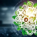 Immagine concettuale che fonde ingranaggi digitali luminosi con foglie verdi che crescono attraverso di essi, simboleggiando l'integrazione tra tecnologia digitale (trasformazione digitale) e crescita sostenibile (produttività sostenibile) nel business. Obiettivo macro 80mm, alta definizione, illuminazione drammatica e controllata per evidenziare i dettagli.