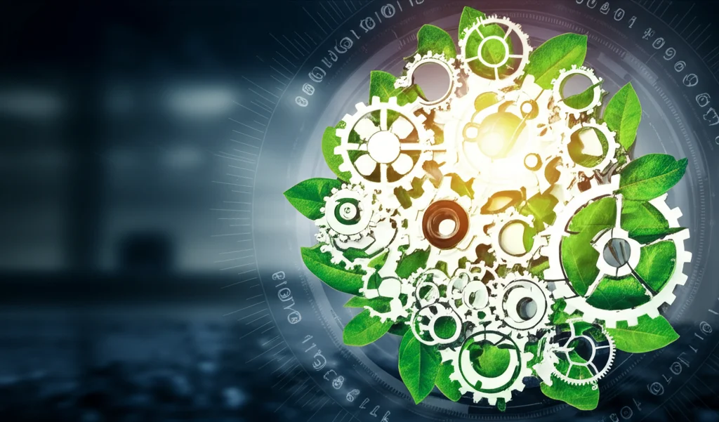 Immagine concettuale che fonde ingranaggi digitali luminosi con foglie verdi che crescono attraverso di essi, simboleggiando l'integrazione tra tecnologia digitale (trasformazione digitale) e crescita sostenibile (produttività sostenibile) nel business. Obiettivo macro 80mm, alta definizione, illuminazione drammatica e controllata per evidenziare i dettagli.