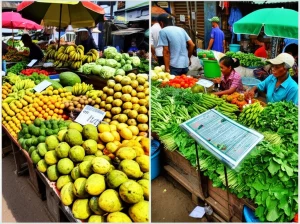 Immagine fotorealistica composita che simboleggia l'aumento del consumo di frutta e verdura in contesti urbani a basso reddito. Metà immagine mostra un mercato vibrante a Ibadan, Nigeria, con frutta tropicale colorata in primo piano (obiettivo macro 100mm, alta definizione, luce naturale controllata), l'altra metà una scena simile ad Hanoi, Vietnam, con verdure a foglia verde e persone che interagiscono con un venditore vicino a materiale informativo. Colori saturi, focus nitido sugli alimenti.